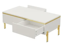 Mesa De Centro|ModernLuxe Mesa de centro envernizada brilhante 100x50x36 cm - 2 gavetas - Pés de metal - Painéis de partículas - Branco
