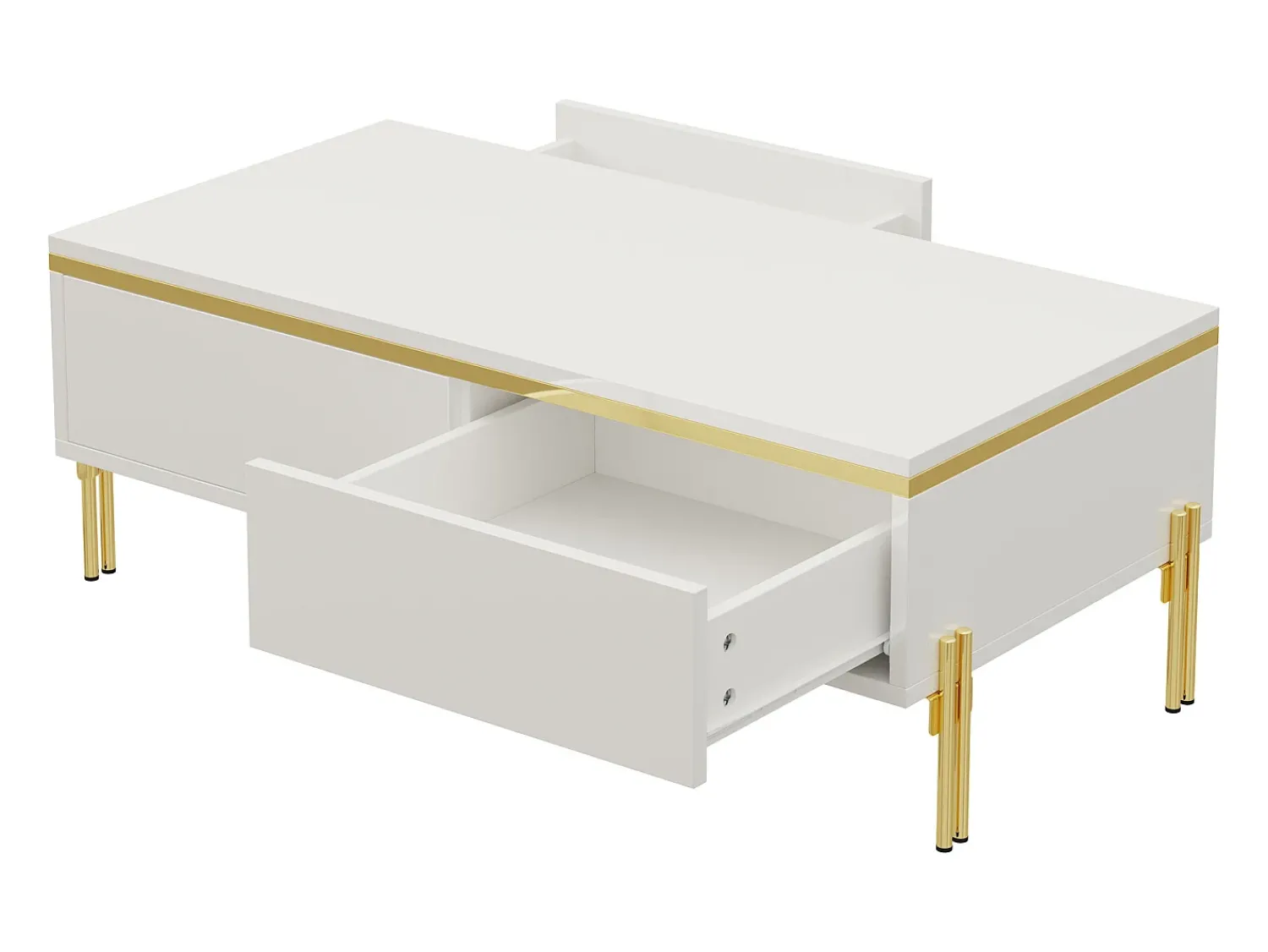Mesa De Centro|ModernLuxe Mesa de centro envernizada brilhante 100x50x36 cm - 2 gavetas - Pés de metal - Painéis de partículas - Branco
