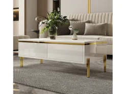 Mesa De Centro|ModernLuxe Mesa de centro envernizada brilhante 100x50x36 cm - 2 gavetas - Pés de metal - Painéis de partículas - Branco