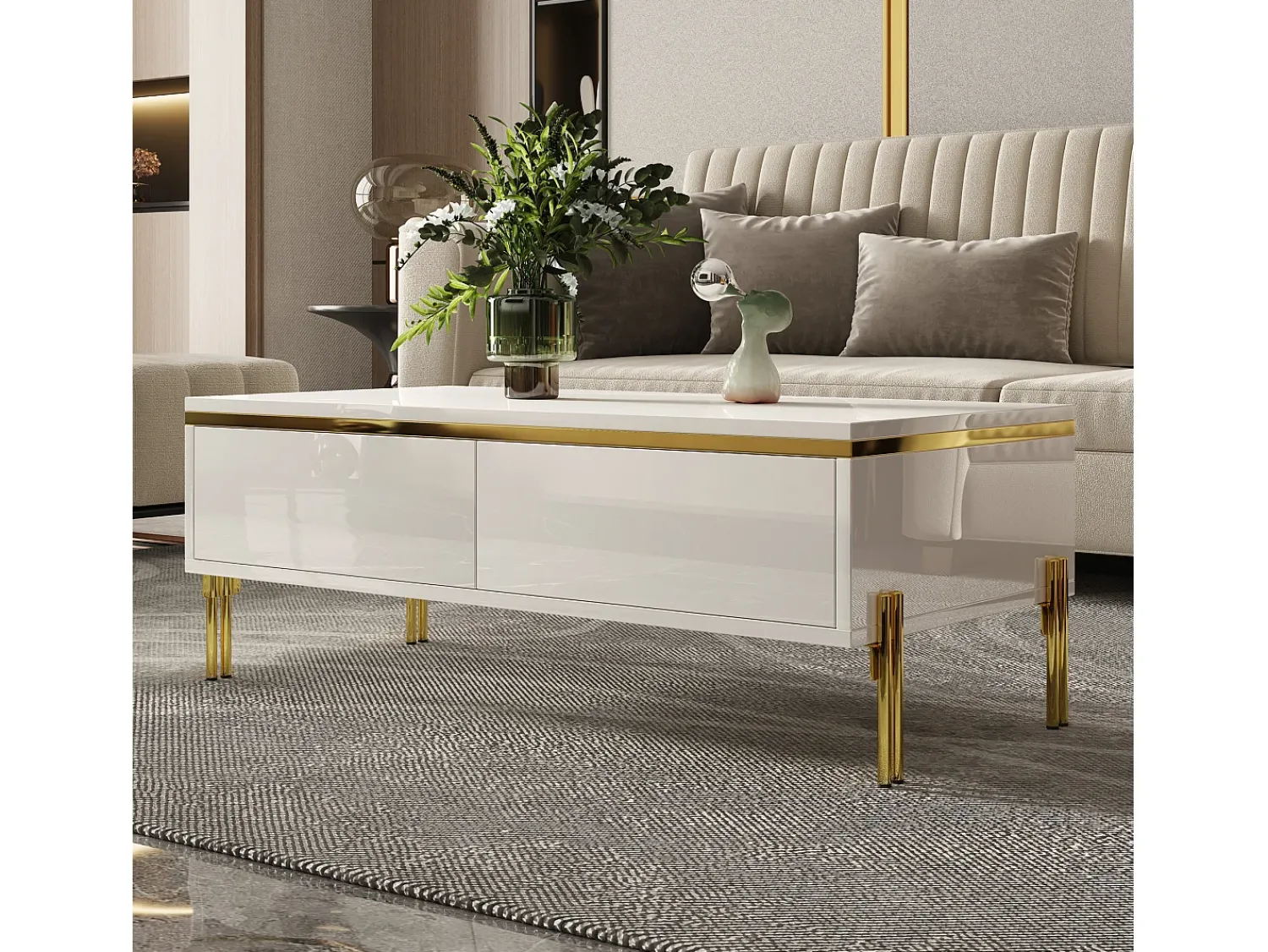 Mesa De Centro|ModernLuxe Mesa de centro envernizada brilhante 100x50x36 cm - 2 gavetas - Pés de metal - Painéis de partículas - Branco