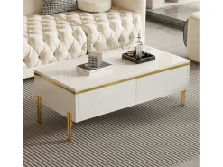 Mesa De Centro|ModernLuxe Mesa de centro envernizada brilhante 100x50x36 cm - 2 gavetas - Pés de metal - Painéis de partículas - Branco