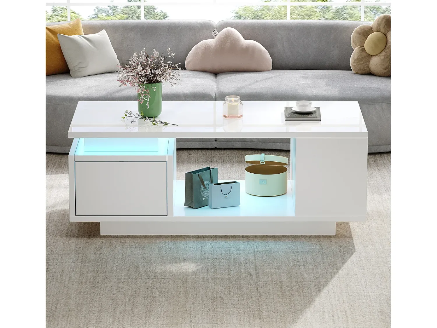 Outlet ModernLuxe Mesa de centro envernizada brilhante 100x50x36 cm - con iluminação LED - con 1 gaveta - con 4 compartimentos de armazenamento - Branco