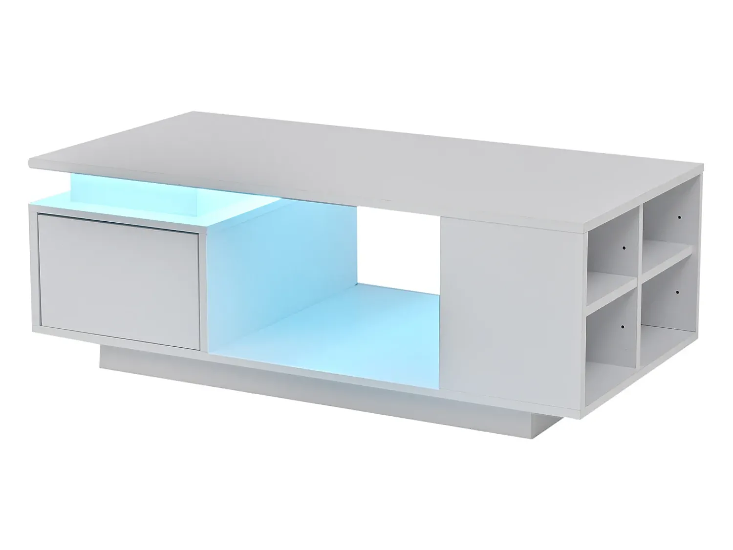 Outlet ModernLuxe Mesa de centro envernizada brilhante 100x50x36 cm - con iluminação LED - con 1 gaveta - con 4 compartimentos de armazenamento - Branco