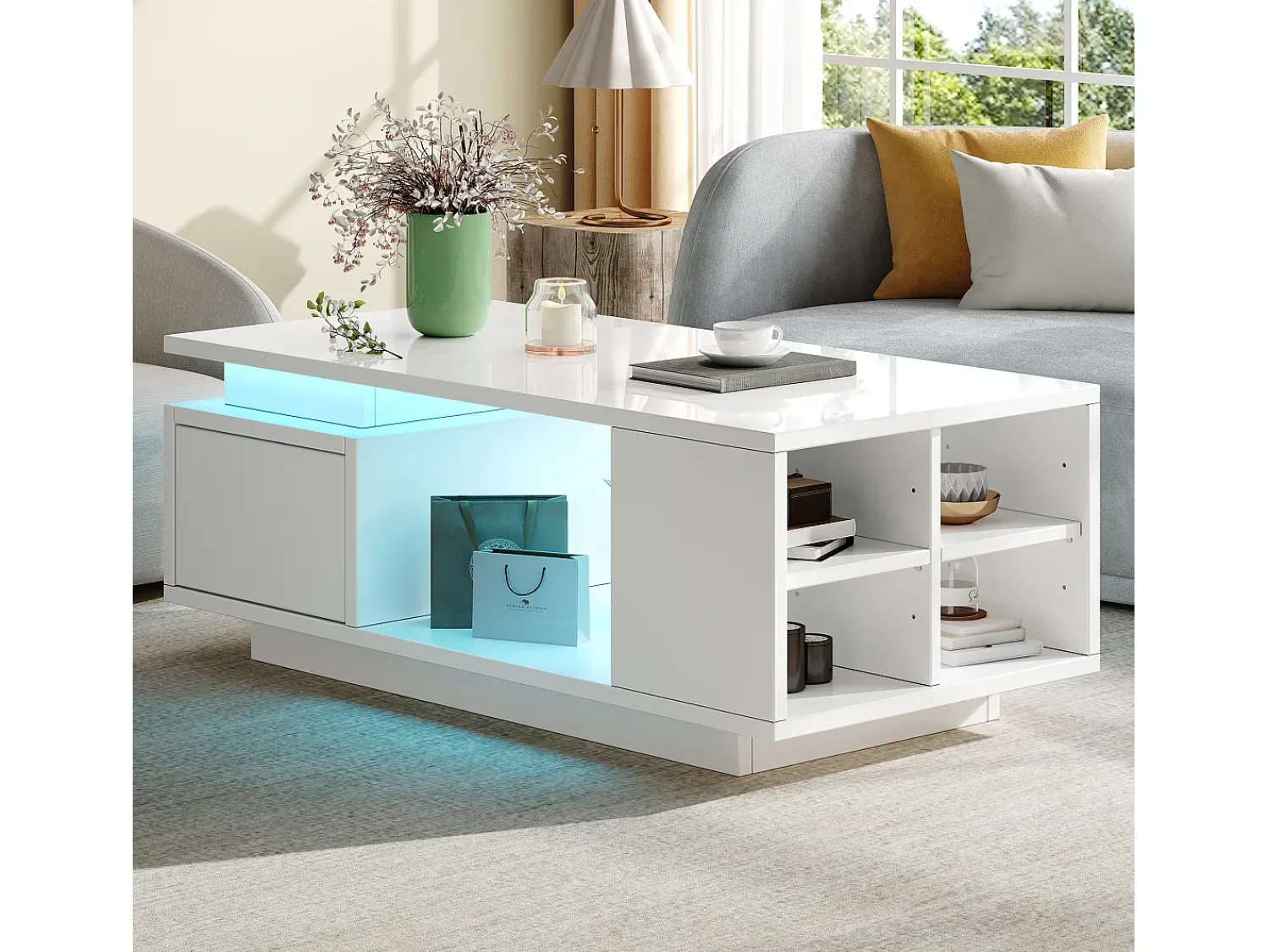 Outlet ModernLuxe Mesa de centro envernizada brilhante 100x50x36 cm - con iluminação LED - con 1 gaveta - con 4 compartimentos de armazenamento - Branco