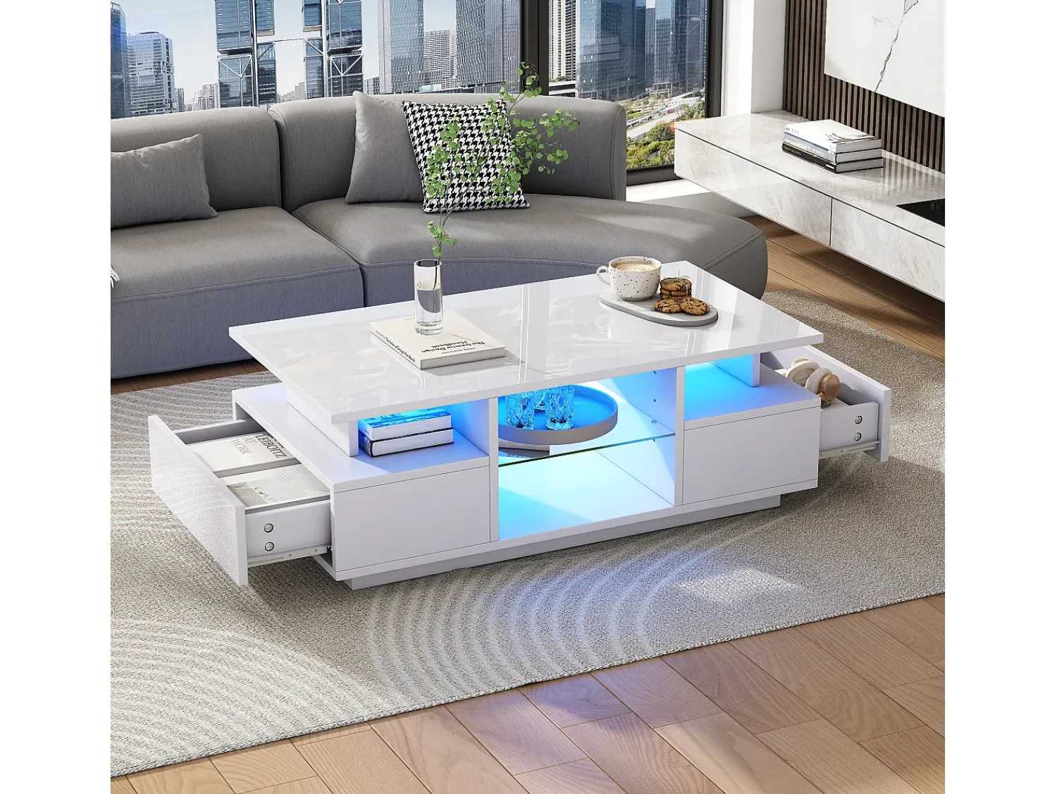 Mesa De Centro*ModernLuxe Mesa de centro envernizada brilhante 100x50x36 cm - con LED - 2 gavetas e espaço de armazenamento aberto - painéis de partículas - Branco