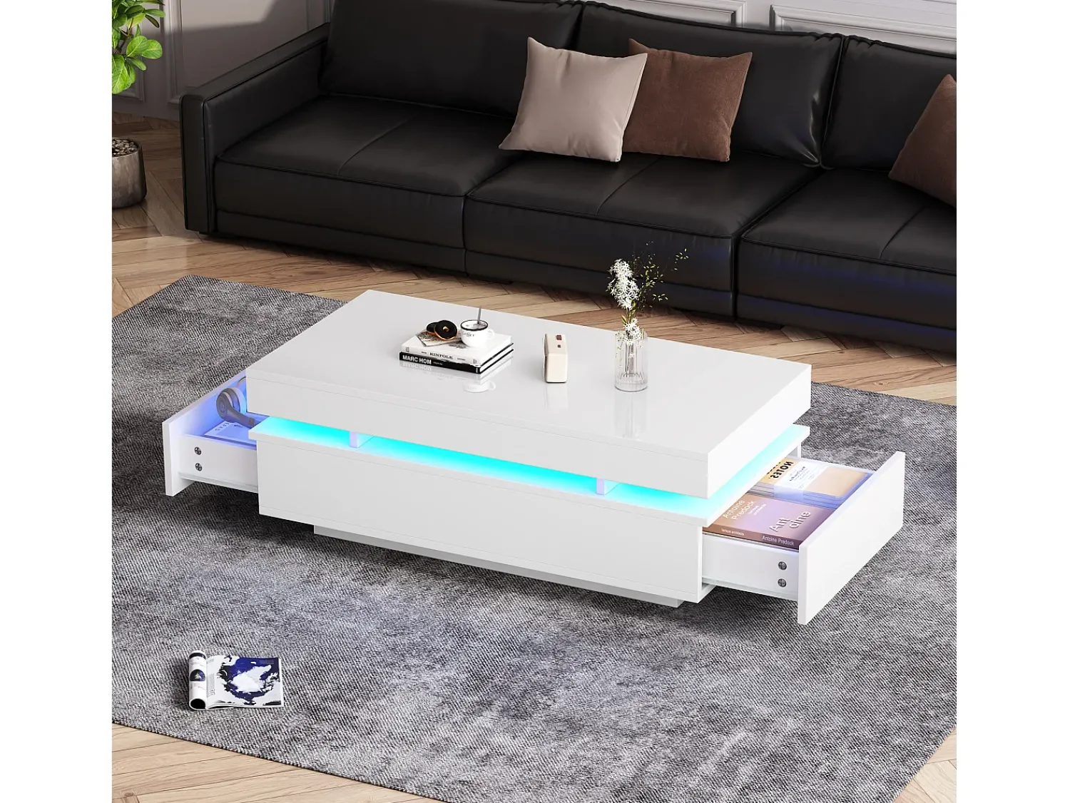 ModernLuxe Mesa de centro envernizada brilhante 100x50x35 cm - con LED - con 2 gavetas - painéis de partículas -^ Mesa De Centro