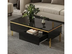 Mesa De Centro*ModernLuxe Mesa de centro envernizada brilhante 100x50x36 cm - 2 gavetas - Pés de metal - Painéis de partículas - Preto