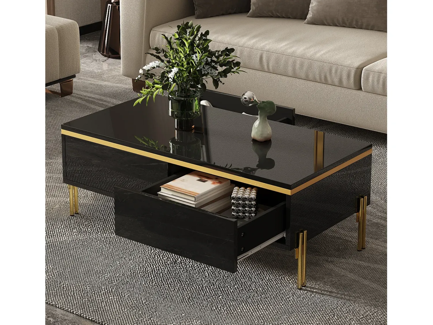 Mesa De Centro*ModernLuxe Mesa de centro envernizada brilhante 100x50x36 cm - 2 gavetas - Pés de metal - Painéis de partículas - Preto