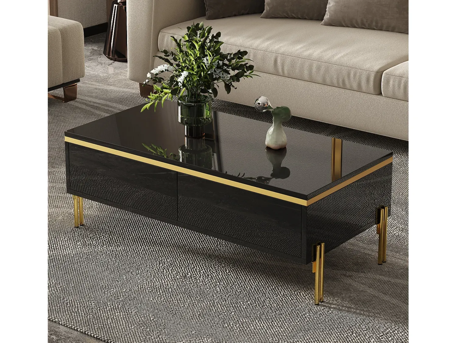 Mesa De Centro*ModernLuxe Mesa de centro envernizada brilhante 100x50x36 cm - 2 gavetas - Pés de metal - Painéis de partículas - Preto