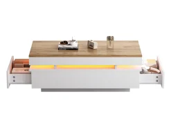 New ModernLuxe Mesa de centro envernizada brilhante 100x50x35 cm - con LED - con 2 gavetas - painéis de partículas - branco + natural Natural claro / Branco