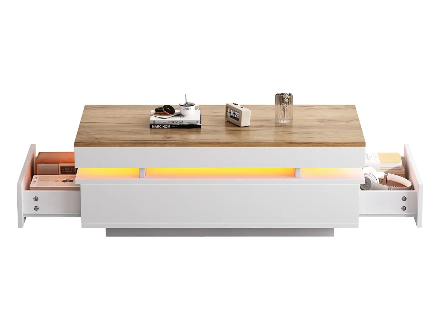 New ModernLuxe Mesa de centro envernizada brilhante 100x50x35 cm - con LED - con 2 gavetas - painéis de partículas - branco + natural Natural claro / Branco