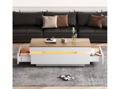 New ModernLuxe Mesa de centro envernizada brilhante 100x50x35 cm - con LED - con 2 gavetas - painéis de partículas - branco + natural Natural claro / Branco