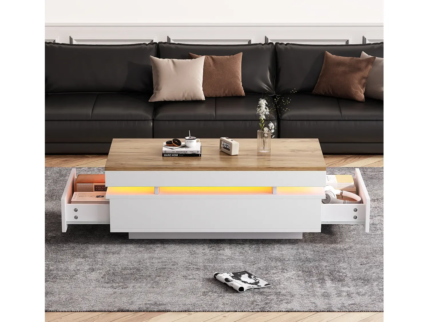 New ModernLuxe Mesa de centro envernizada brilhante 100x50x35 cm - con LED - con 2 gavetas - painéis de partículas - branco + natural Natural claro / Branco