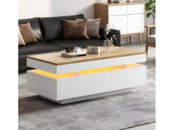 New ModernLuxe Mesa de centro envernizada brilhante 100x50x35 cm - con LED - con 2 gavetas - painéis de partículas - branco + natural Natural claro / Branco