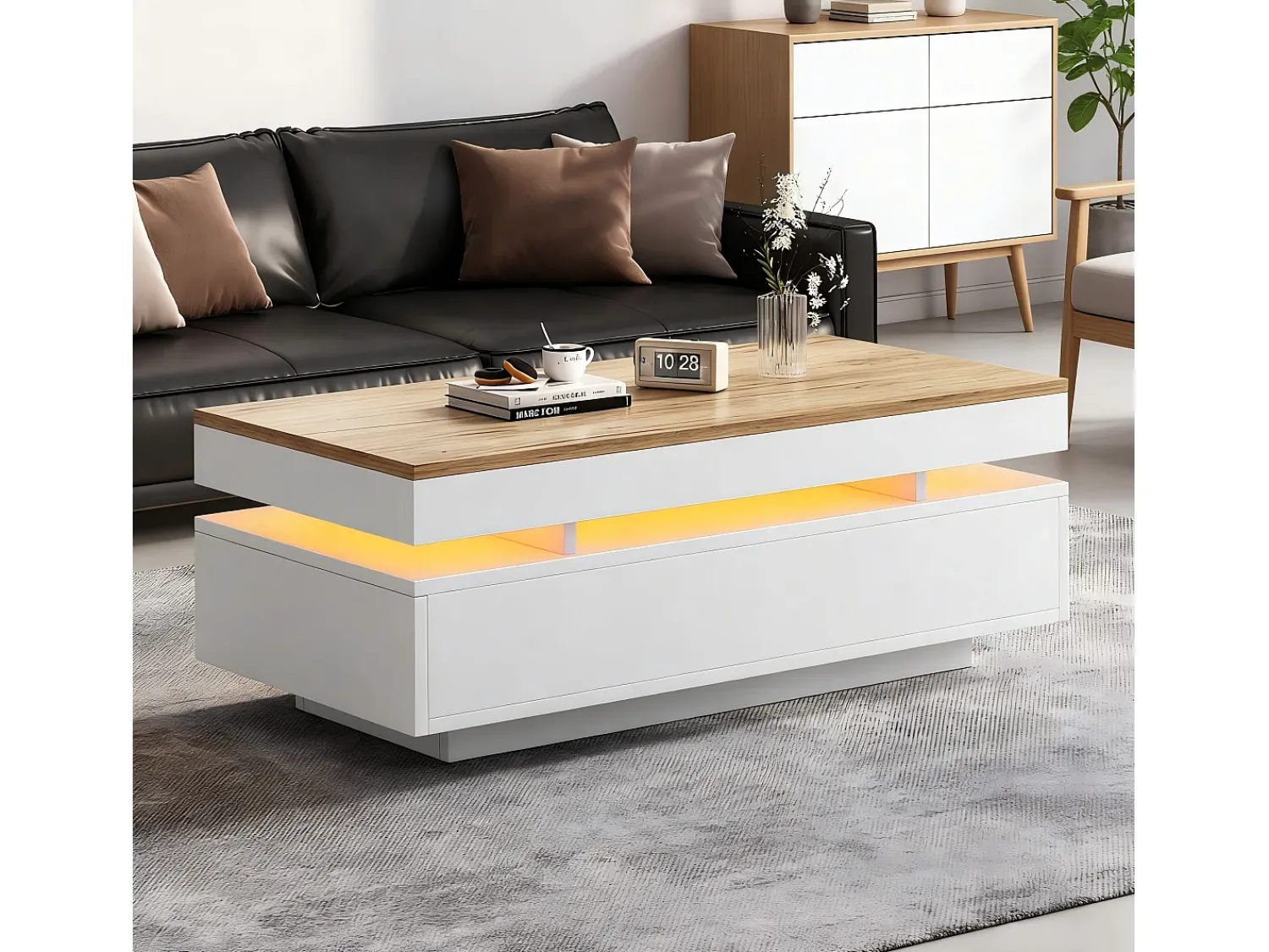 New ModernLuxe Mesa de centro envernizada brilhante 100x50x35 cm - con LED - con 2 gavetas - painéis de partículas - branco + natural Natural claro / Branco