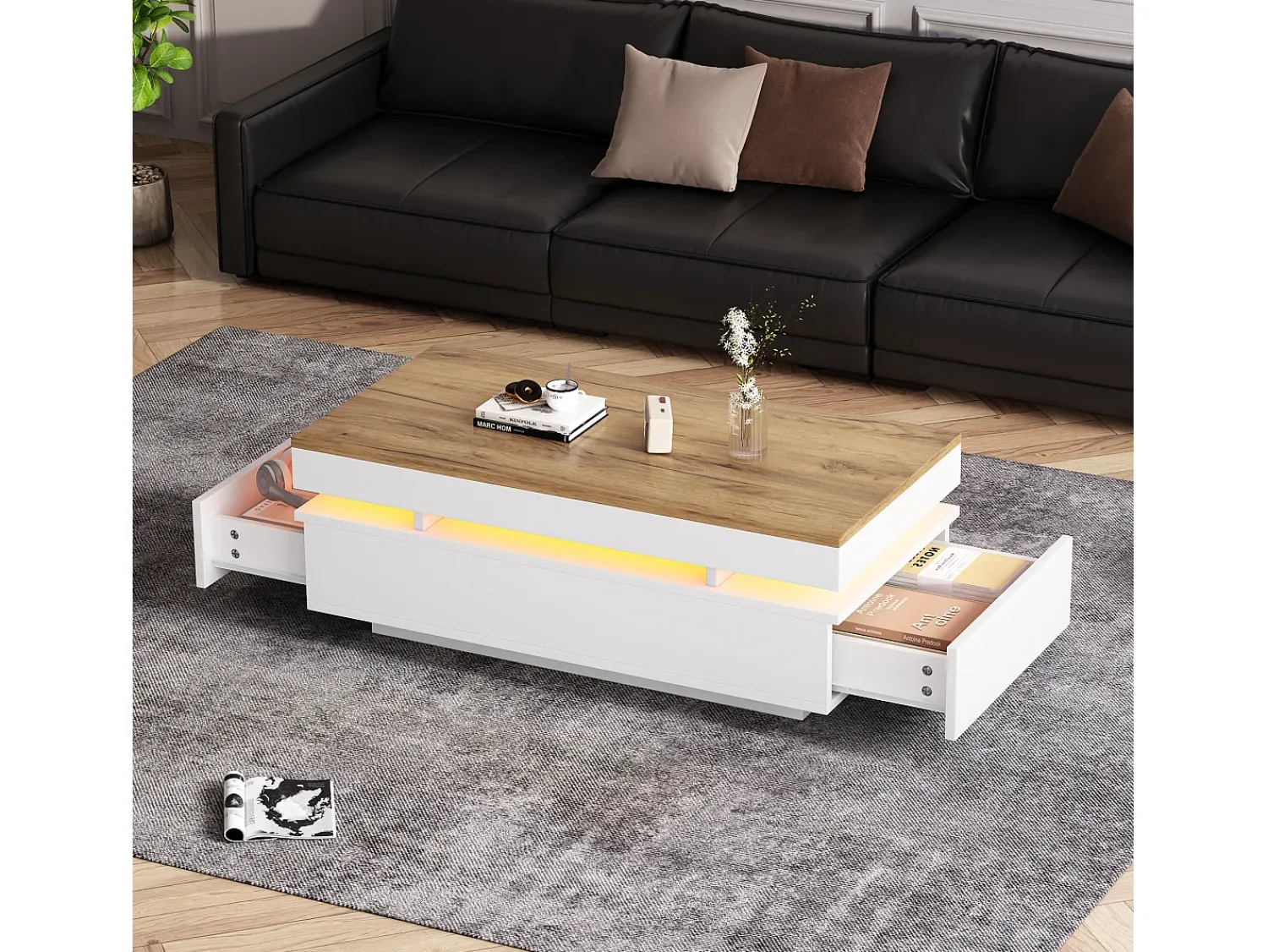 New ModernLuxe Mesa de centro envernizada brilhante 100x50x35 cm - con LED - con 2 gavetas - painéis de partículas - branco + natural Natural claro / Branco