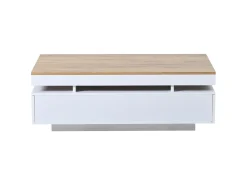 New ModernLuxe Mesa de centro envernizada brilhante 100x50x35 cm - con LED - con 2 gavetas - painéis de partículas - branco + natural Natural claro / Branco