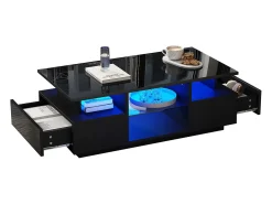 Mesa De Centro|ModernLuxe Mesa de centro envernizada brilhante 100x50x36 cm - con LED - 2 gavetas e espaço de armazenamento aberto - painéis de partículas - Preto