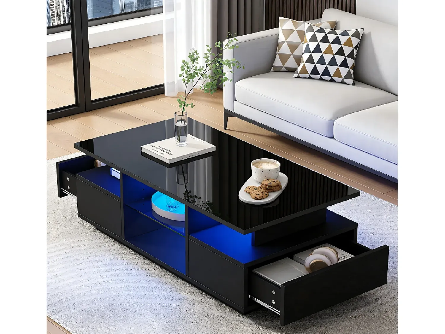Mesa De Centro|ModernLuxe Mesa de centro envernizada brilhante 100x50x36 cm - con LED - 2 gavetas e espaço de armazenamento aberto - painéis de partículas - Preto