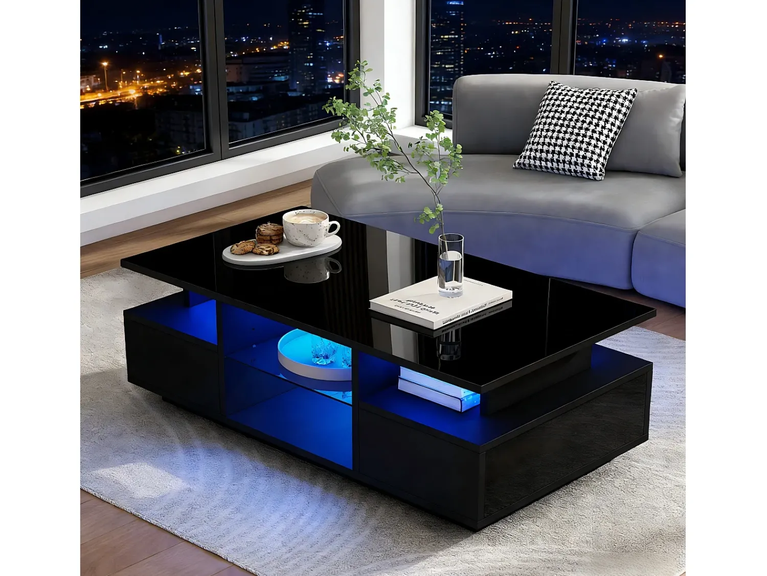 Mesa De Centro|ModernLuxe Mesa de centro envernizada brilhante 100x50x36 cm - con LED - 2 gavetas e espaço de armazenamento aberto - painéis de partículas - Preto