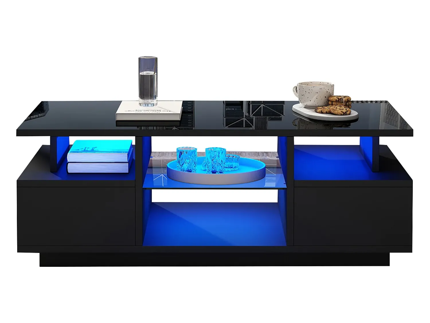 Mesa De Centro|ModernLuxe Mesa de centro envernizada brilhante 100x50x36 cm - con LED - 2 gavetas e espaço de armazenamento aberto - painéis de partículas - Preto