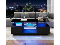 Mesa De Centro|ModernLuxe Mesa de centro envernizada brilhante 100x50x36 cm - con LED - 2 gavetas e espaço de armazenamento aberto - painéis de partículas - Preto