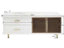 Mesa De Centro|ModernLuxe Mesa de centro escandinava - 2 gavetas e 2 portas - LED integrado - folheado com padrão mármore - Branco