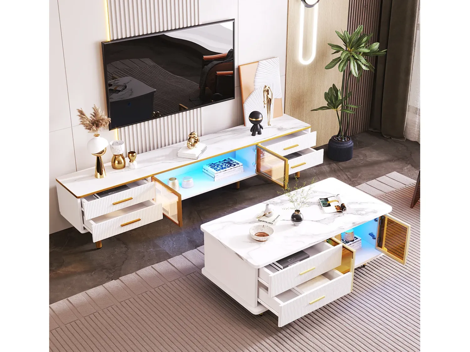 Mesa De Centro|ModernLuxe Mesa de centro escandinava - 2 gavetas e 2 portas - LED integrado - folheado com padrão mármore - Branco