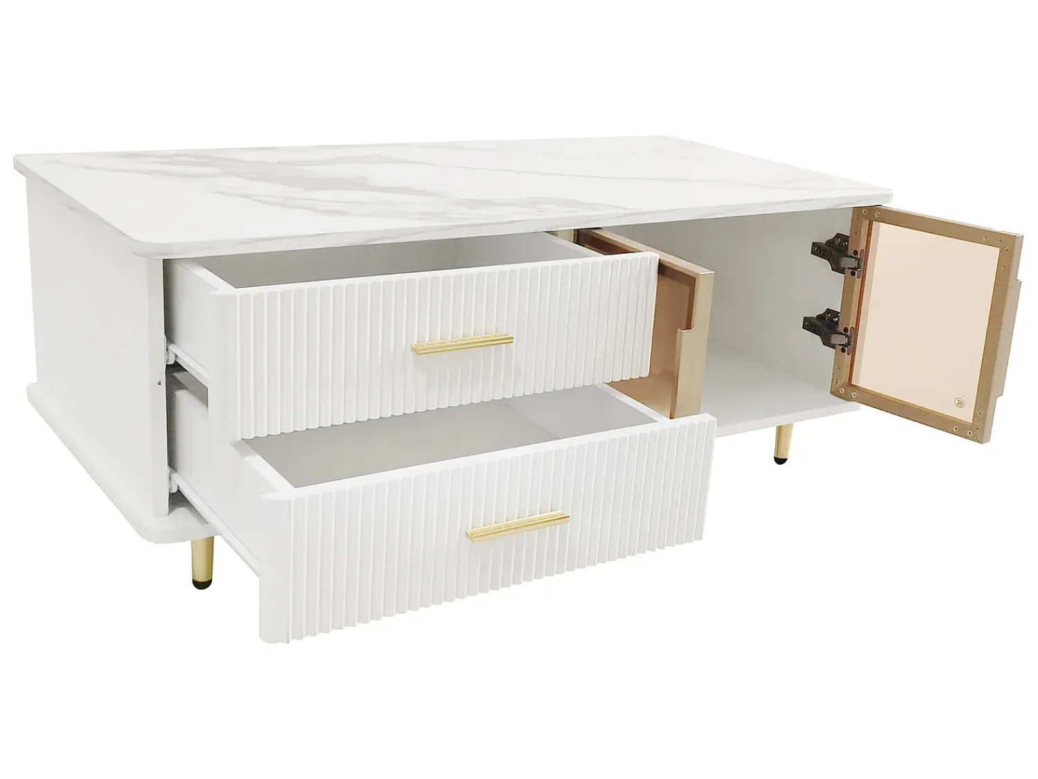 Mesa De Centro|ModernLuxe Mesa de centro escandinava - 2 gavetas e 2 portas - LED integrado - folheado com padrão mármore - Branco