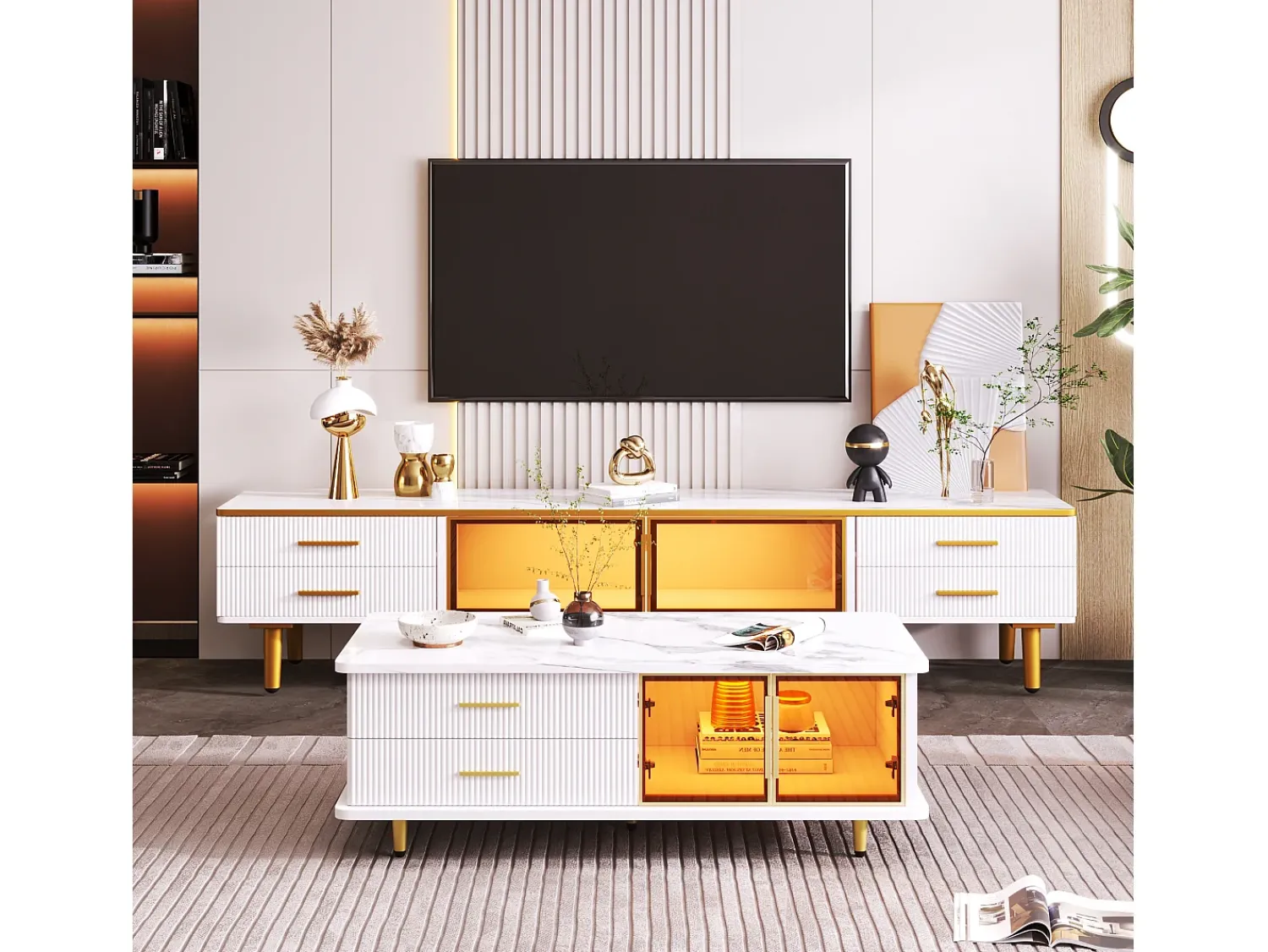 Mesa De Centro|ModernLuxe Mesa de centro escandinava - 2 gavetas e 2 portas - LED integrado - folheado com padrão mármore - Branco