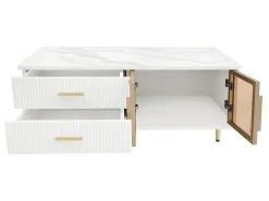 Mesa De Centro|ModernLuxe Mesa de centro escandinava - 2 gavetas e 2 portas - LED integrado - folheado com padrão mármore - Branco