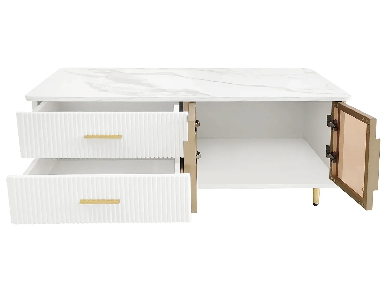Mesa De Centro|ModernLuxe Mesa de centro escandinava - 2 gavetas e 2 portas - LED integrado - folheado com padrão mármore - Branco