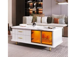 Mesa De Centro|ModernLuxe Mesa de centro escandinava - 2 gavetas e 2 portas - LED integrado - folheado com padrão mármore - Branco