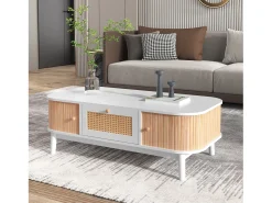 Mesa De Centro| Mesa de centro estilo chalé 110x55x38,5cm - Mesa de centro com gavetas em verga e portas de correr com ripas em madeira maciça Pernas em madeira maciça - Branco