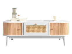 Mesa De Centro| Mesa de centro estilo chalé 110x55x38,5cm - Mesa de centro com gavetas em verga e portas de correr com ripas em madeira maciça Pernas em madeira maciça - Branco