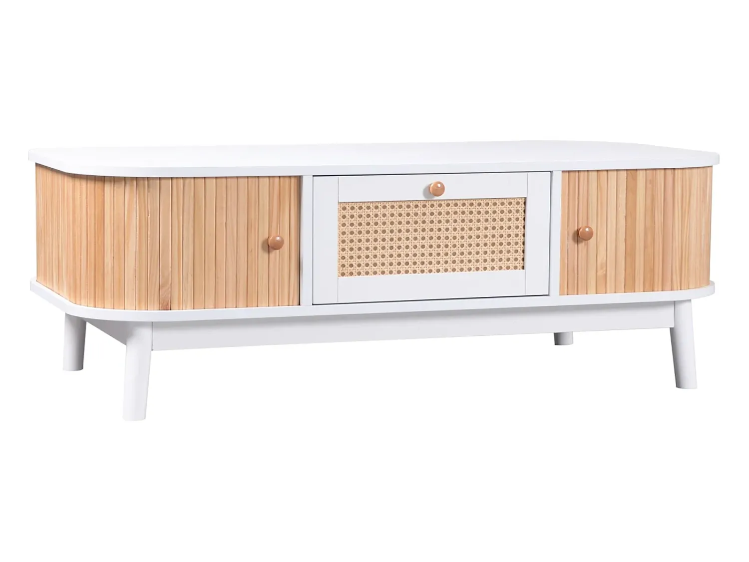 Mesa De Centro| Mesa de centro estilo chalé 110x55x38,5cm - Mesa de centro com gavetas em verga e portas de correr com ripas em madeira maciça Pernas em madeira maciça - Branco