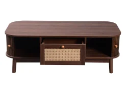 Mesa De Centro* Mesa de centro estilo chalé 110x55x38,5cm - Mesa de centro com gavetas em verga e portas de correr com ripas em madeira maciça Pernas em madeira maciça - Castanho