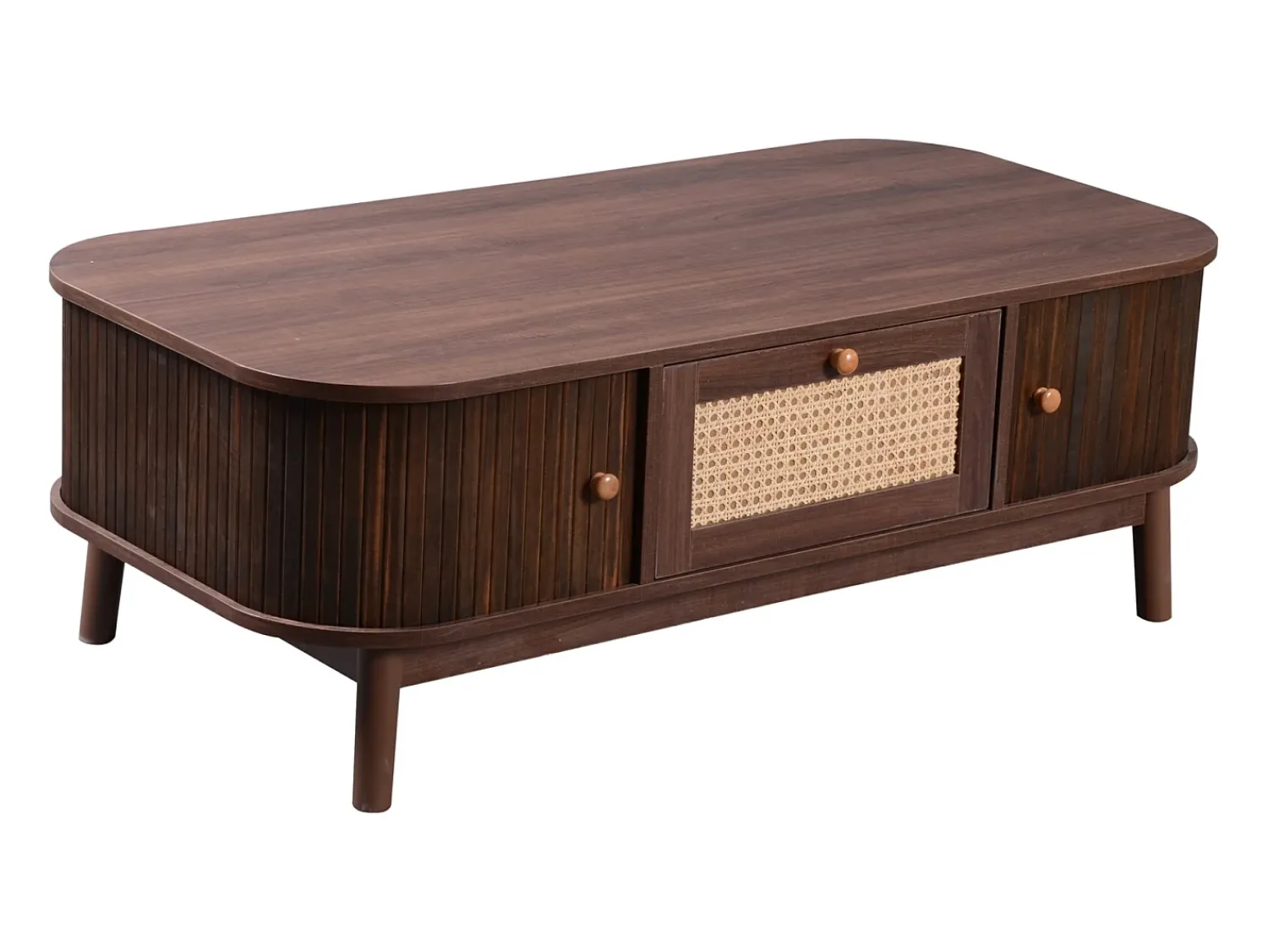 Mesa De Centro* Mesa de centro estilo chalé 110x55x38,5cm - Mesa de centro com gavetas em verga e portas de correr com ripas em madeira maciça Pernas em madeira maciça - Castanho