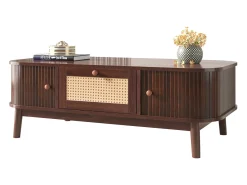 Mesa De Centro* Mesa de centro estilo chalé 110x55x38,5cm - Mesa de centro com gavetas em verga e portas de correr com ripas em madeira maciça Pernas em madeira maciça - Castanho