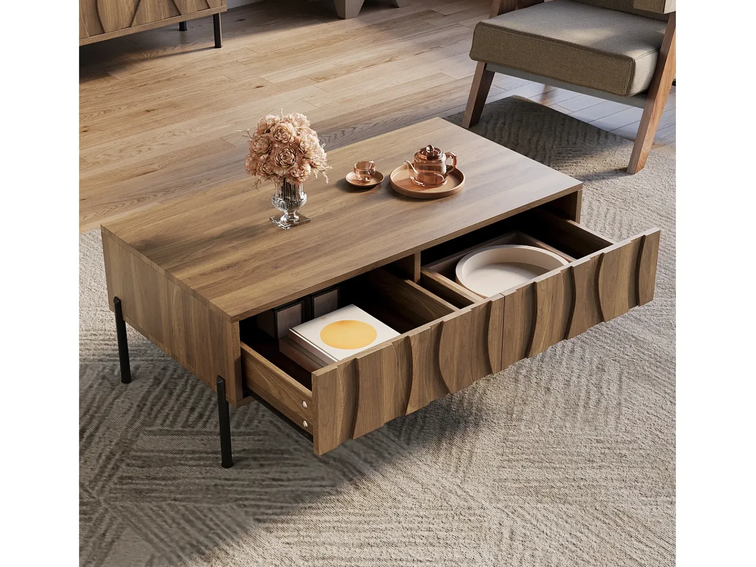 Mesa De Centro*ModernLuxe Mesa de centro estilo vintage 105x55x41 cm - com 2 gavetas - Estrutura de madeira - MDF - Natural Natural claro