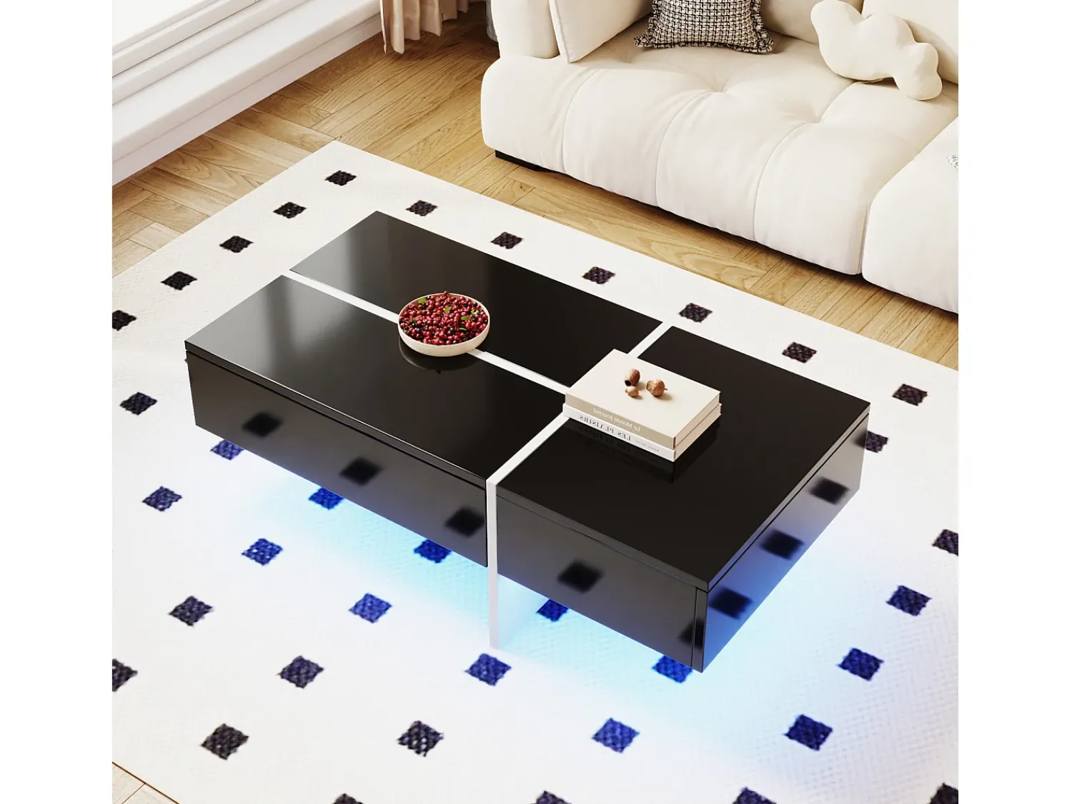 Mesa de centro, estrutura efeito mármore branco e mesa com LED,^ Mesa De Centro