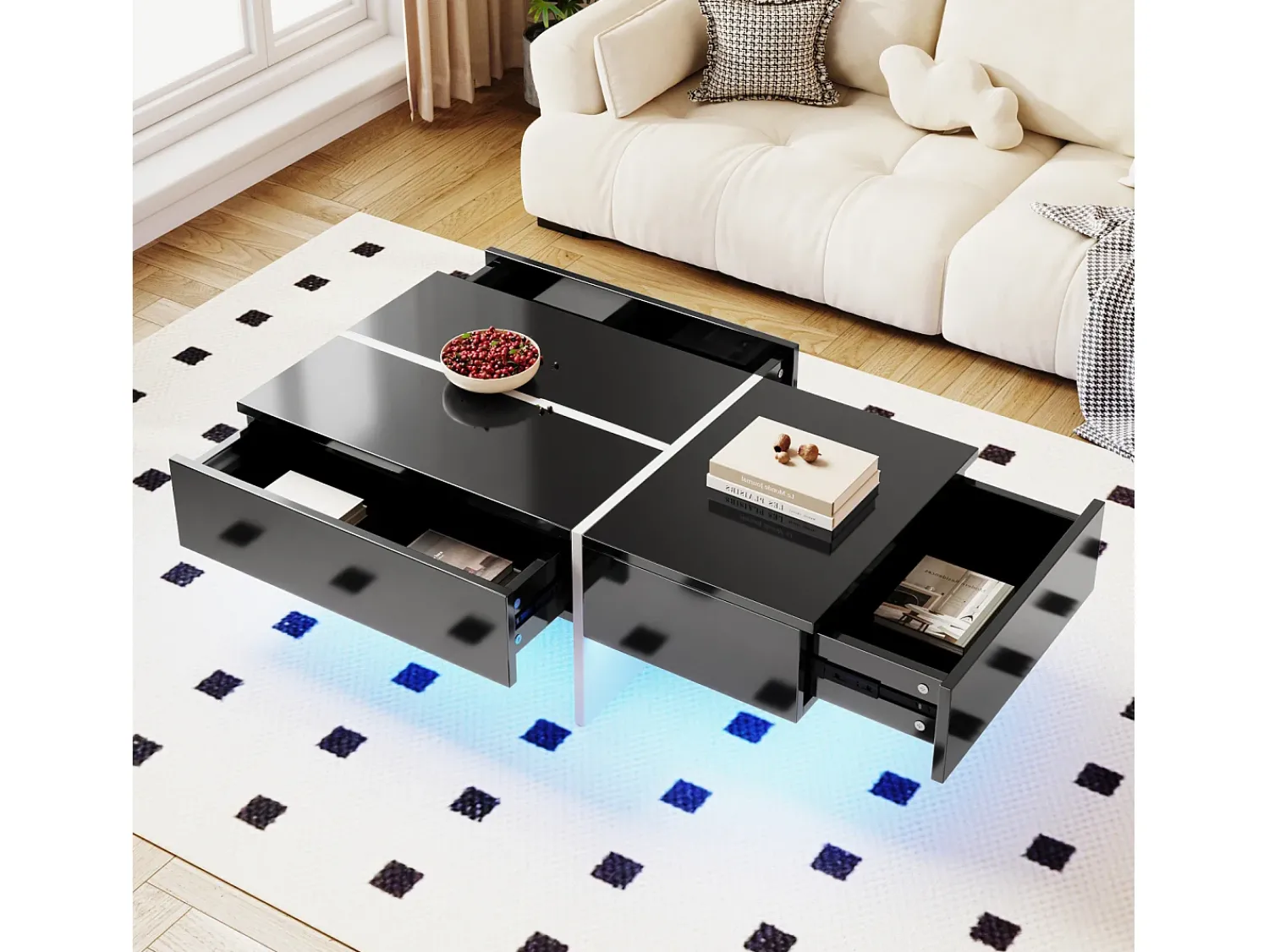 Mesa de centro, estrutura efeito mármore branco e mesa com LED,^ Mesa De Centro