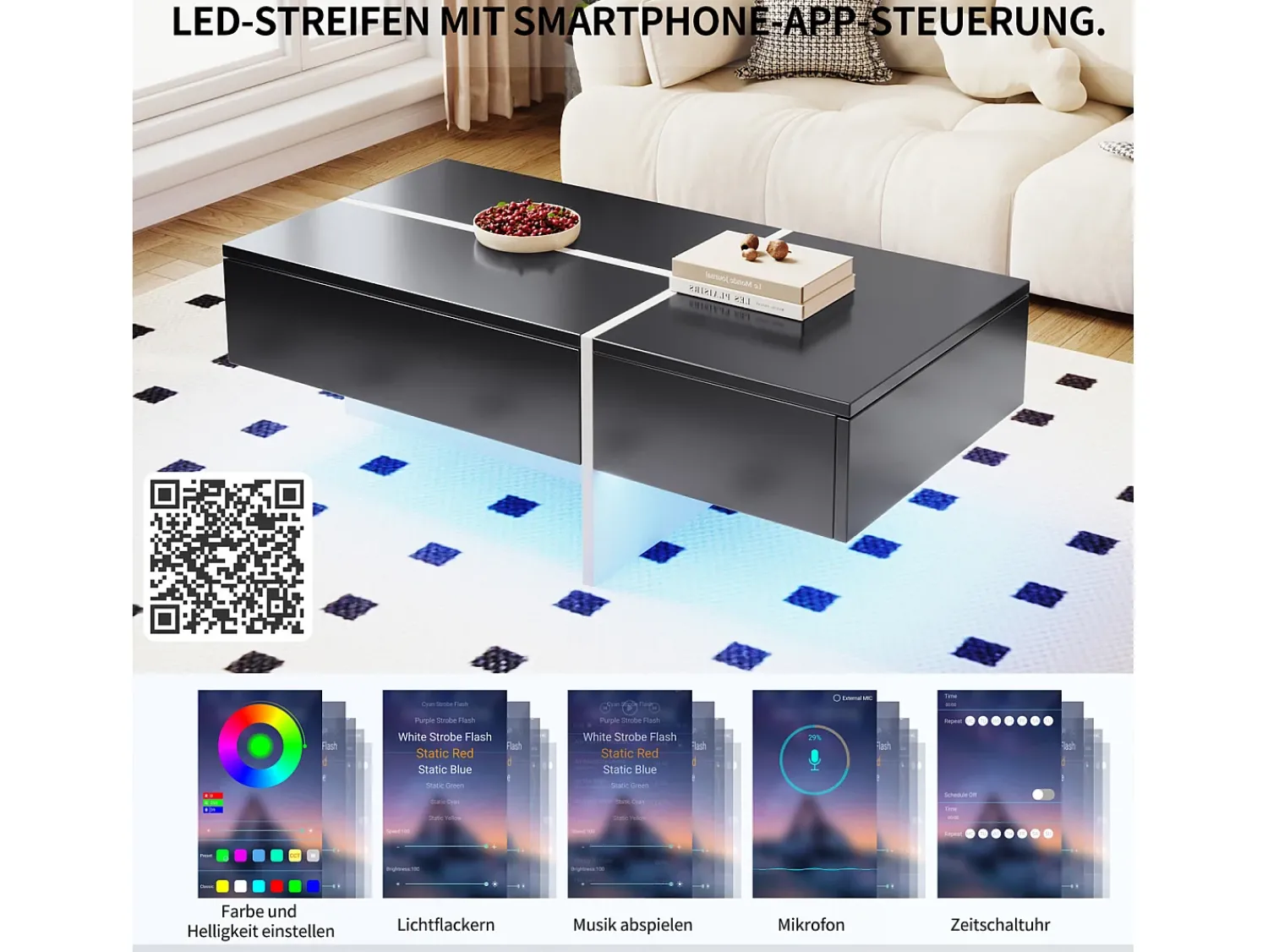 Mesa de centro, estrutura efeito mármore branco e mesa com LED,^ Mesa De Centro