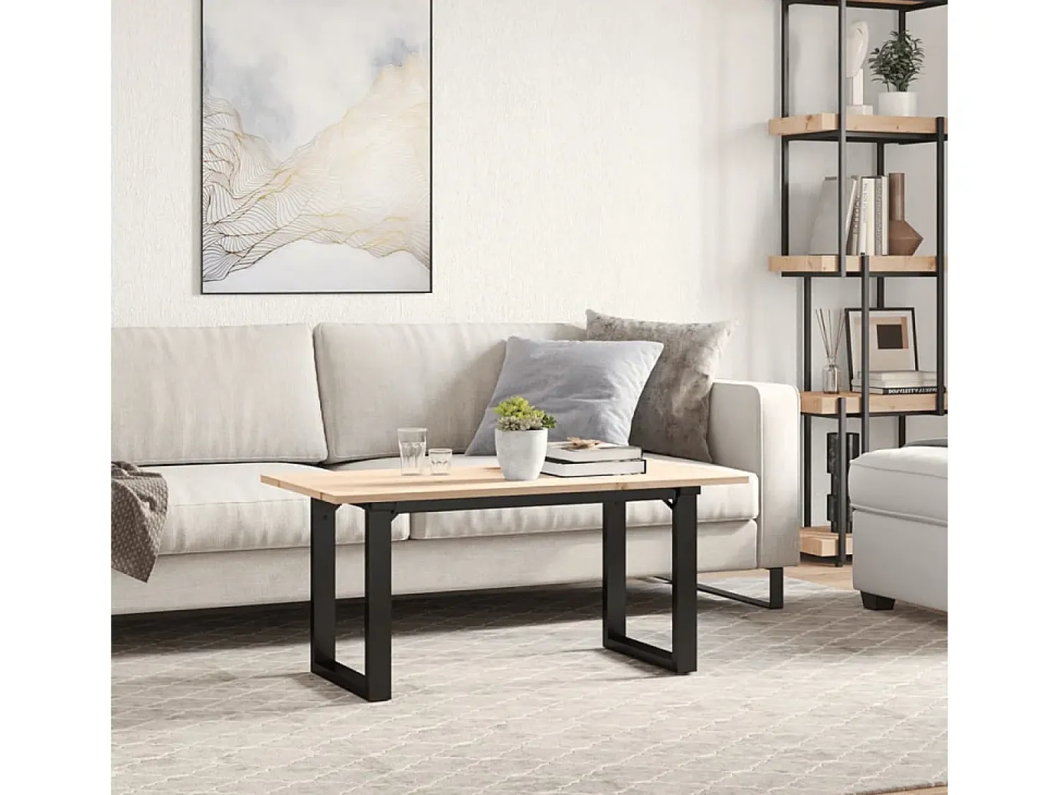 New Mesa de centro estrutura em O 90x40x45 cm pinho e ferro fundido PT746628 Castanho