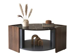 Mesa De Centro| Mesa de centro estruturada em mármore e nogueira com linhas únicas. Preto