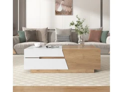 Clearance Mesa de centro extensível 120x50x37,5cm, mesa de centro retangular com gavetas, estrutura color block, Natural Branco