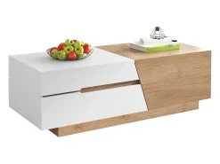 Clearance Mesa de centro extensível 120x50x37,5cm, mesa de centro retangular com gavetas, estrutura color block, Natural Branco