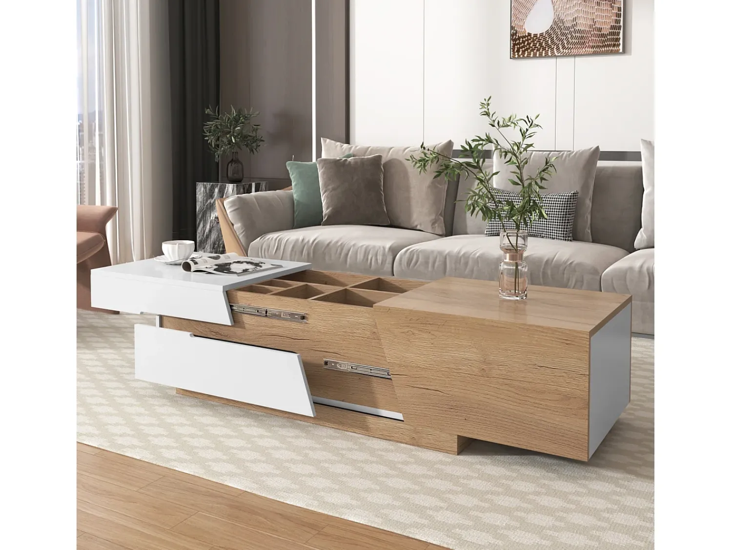 Clearance Mesa de centro extensível 120x50x37,5cm, mesa de centro retangular com gavetas, estrutura color block, Natural Branco