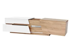 Clearance Mesa de centro extensível 120x50x37,5cm, mesa de centro retangular com gavetas, estrutura color block, Natural Branco