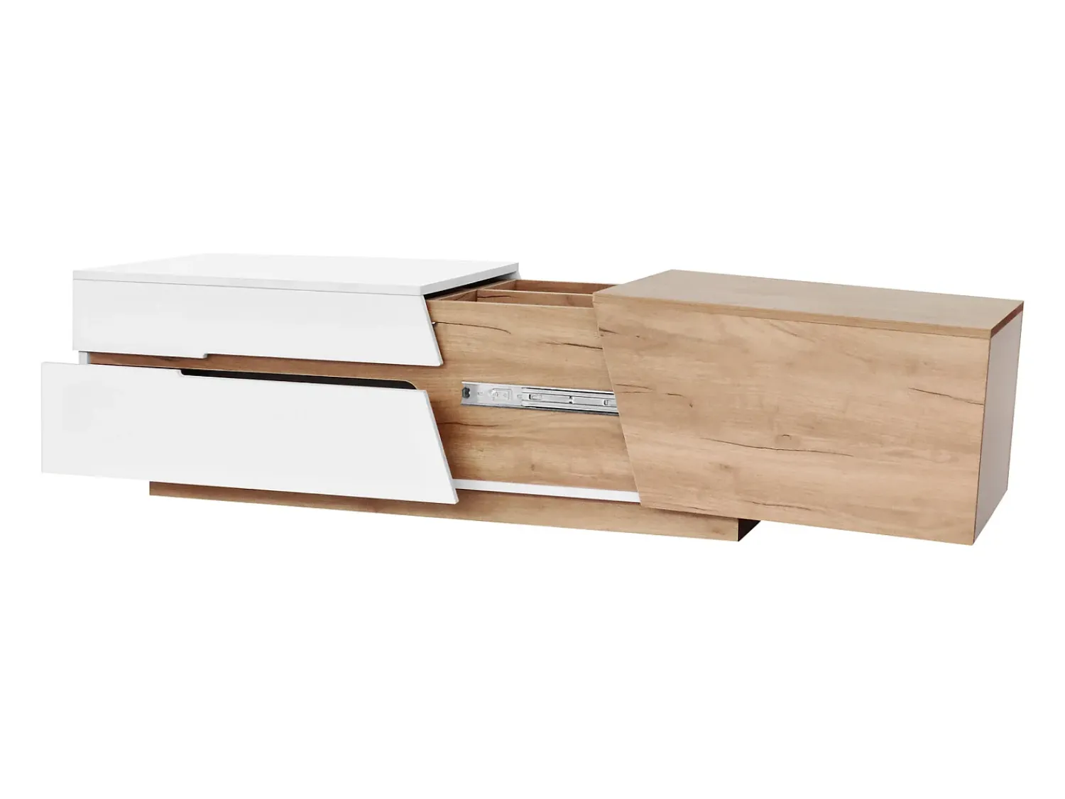 Clearance Mesa de centro extensível 120x50x37,5cm, mesa de centro retangular com gavetas, estrutura color block, Natural Branco